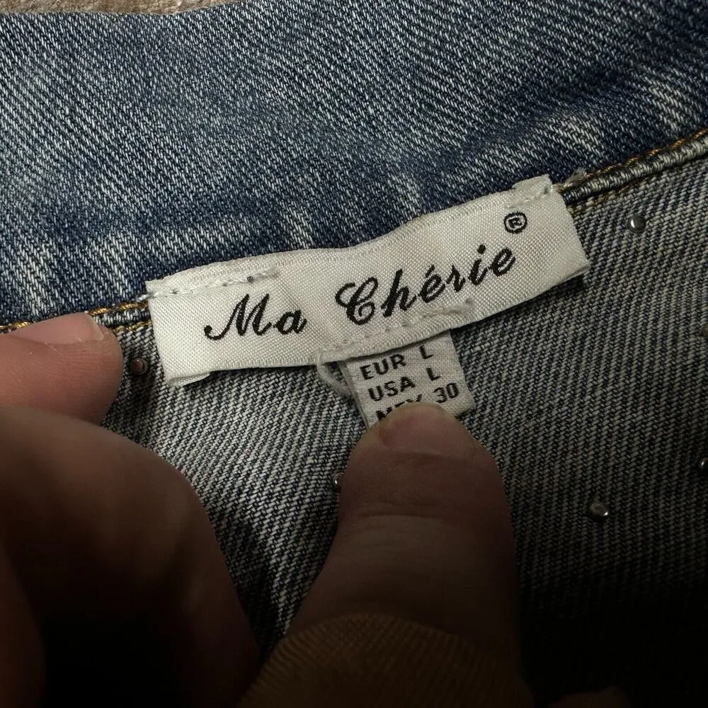 Ma Cherie Denim Jacket Womens Trucker Rhinestone Studded Jacket Size‎ Large
